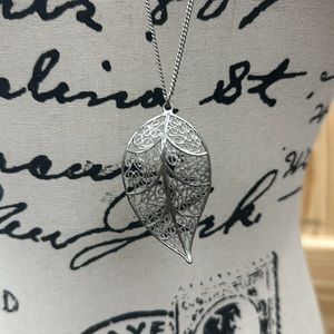 Long necklace, silver leaf pendant